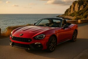 Abarth 124 Spider usato rosso su strada costiera siciliana in noleggio a lungo termine