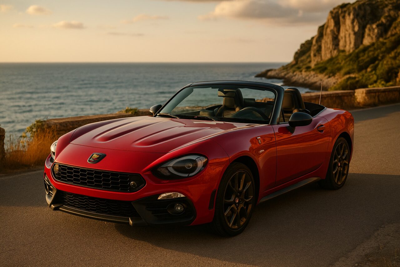 Abarth 124 Spider usato rosso su strada costiera siciliana in noleggio a lungo termine