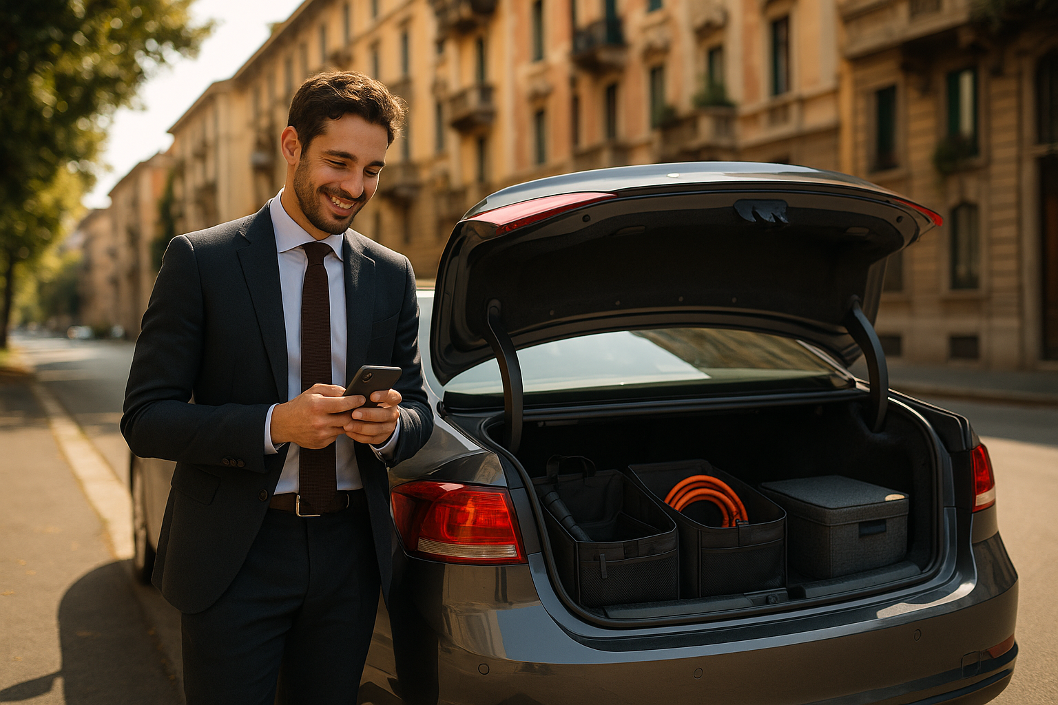 Uomo italiano con auto usata in noleggio a lungo termine personalizzata con accessori rimovibili a Milano
