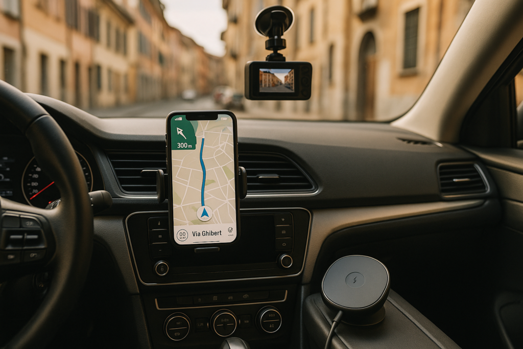 Accessori tecnologici rimovibili per auto usata in NLT: supporto smartphone, dashcam e caricatore wireless
