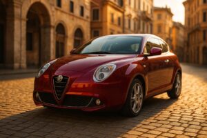 Alfa Romeo MiTo usata parcheggiata su una strada italiana in ciottoli, guida tecnica noleggio a lungo termine
