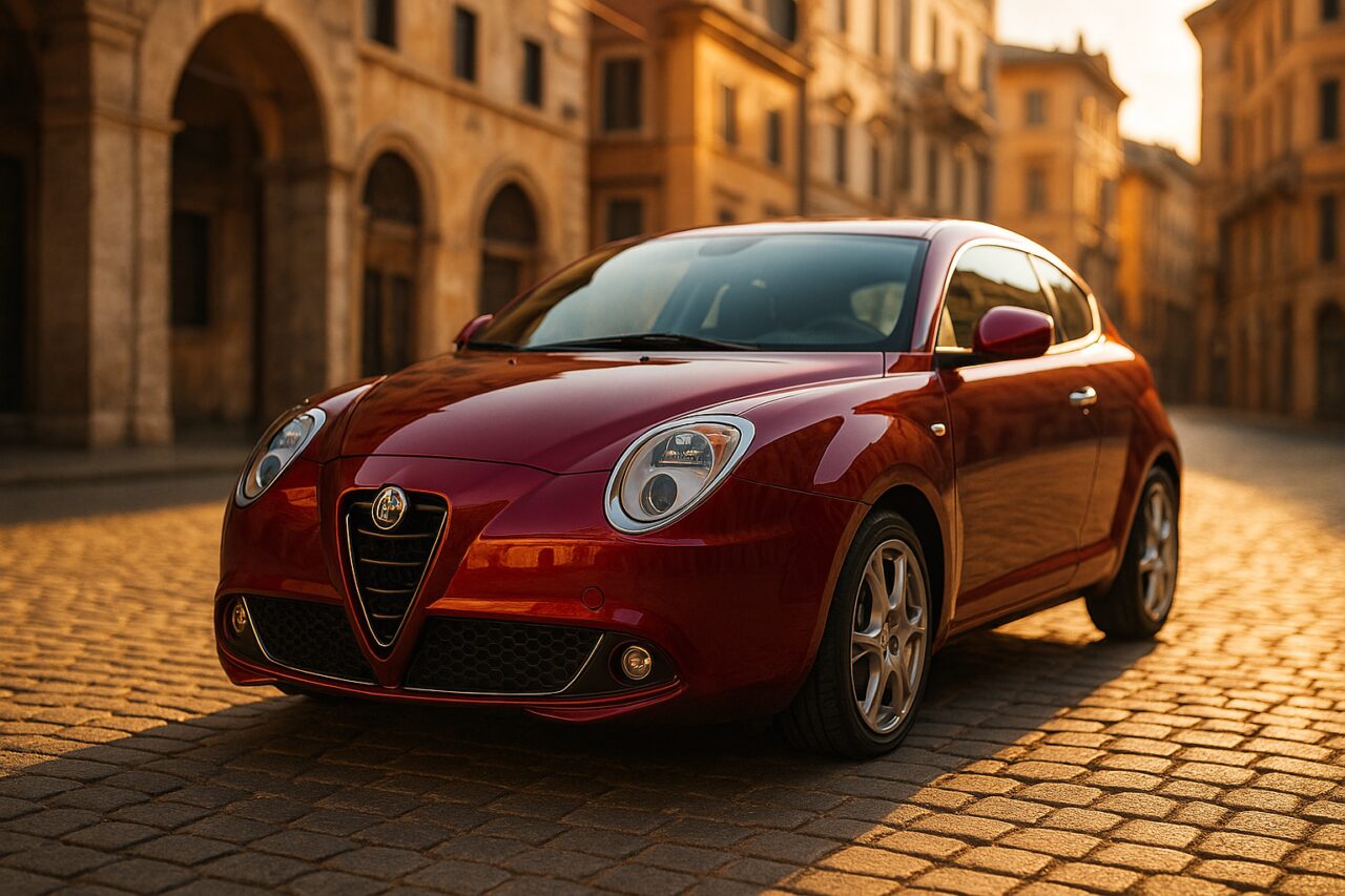 Alfa Romeo MiTo usata parcheggiata su una strada italiana in ciottoli, guida tecnica noleggio a lungo termine