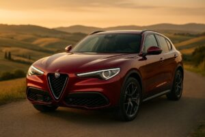 Alfa Romeo Stelvio usato in noleggio a lungo termine su strada italiana panoramica