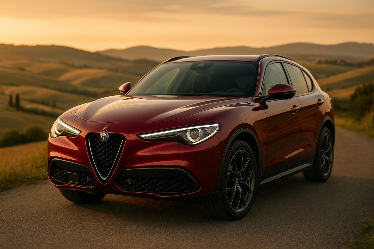 Alfa Romeo Stelvio usato in noleggio a lungo termine su strada italiana panoramica