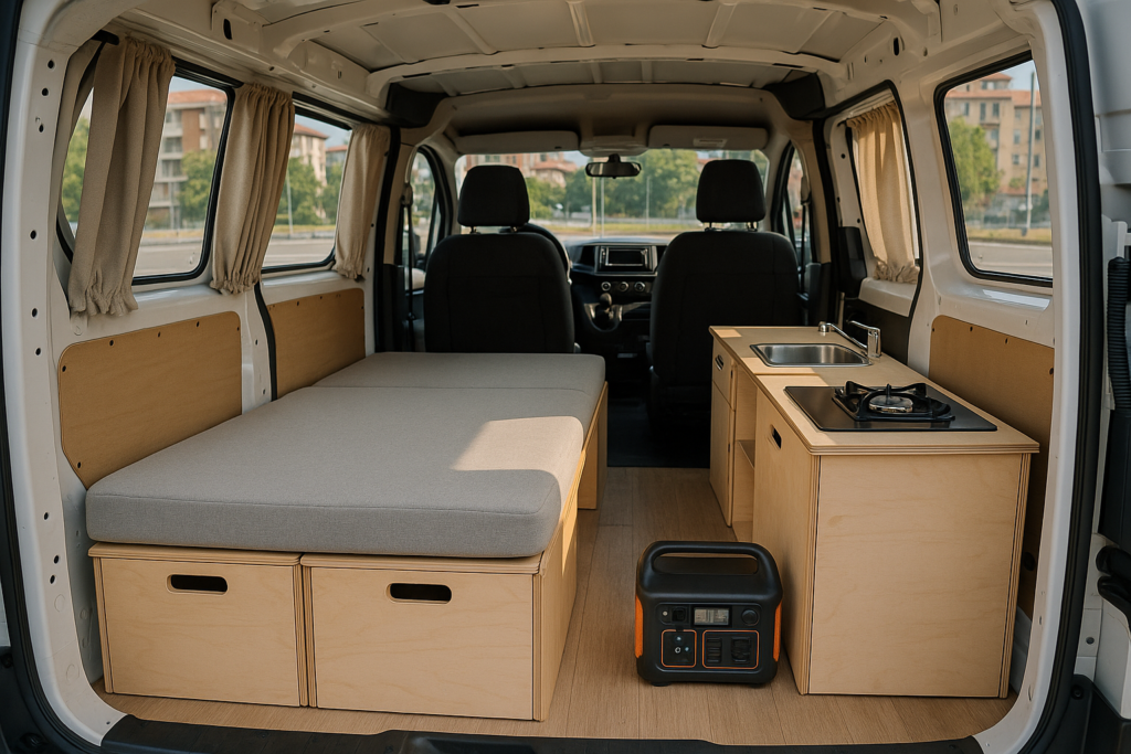 Allestimento interno reversibile di un furgone NLT trasformato in camper van con strutture smontabili