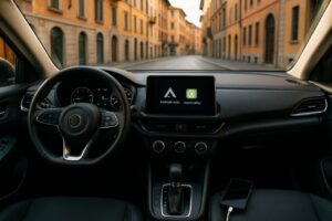 Schermo infotainment con Android Auto e Apple CarPlay su auto usata in noleggio a lungo termine