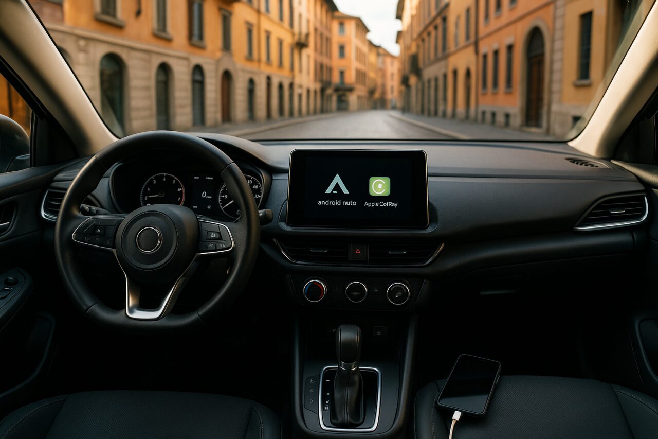 Schermo infotainment con Android Auto e Apple CarPlay su auto usata in noleggio a lungo termine