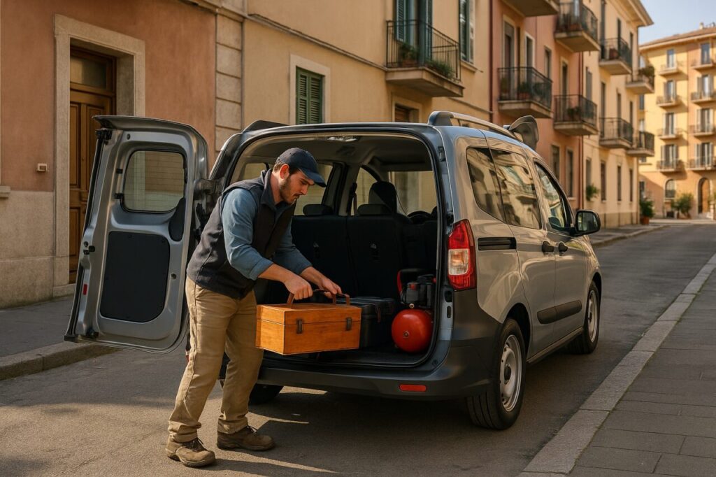 Artigiano italiano carica attrezzatura nel Ford Transit Courier Kombi usato in noleggio a lungo termine
