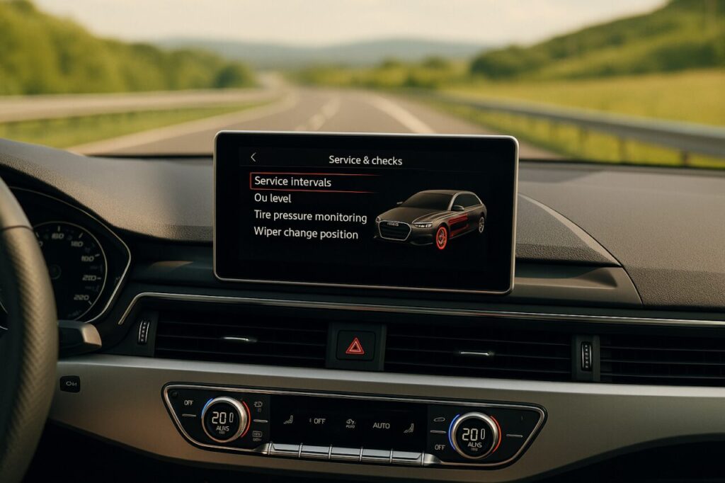 Interno Audi A4 Avant con schermo MMI e promemoria manutenzione su autostrada italiana