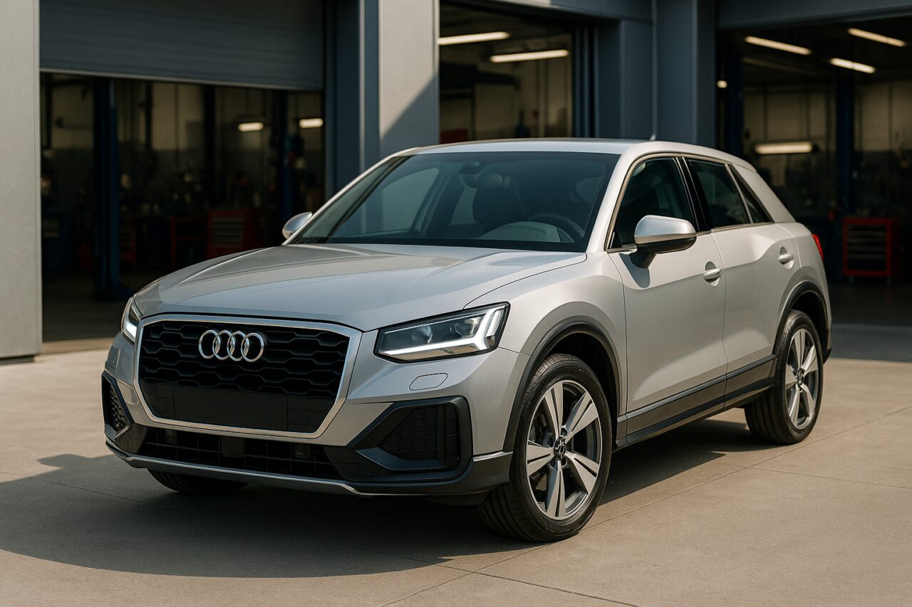 Audi Q2 usata davanti a officina italiana per noleggio lungo termine