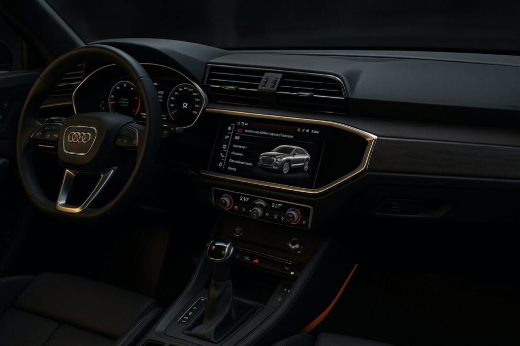 Interno Audi Q3 Sportback con display MMI e quadro strumenti per reset spia tagliando e impostazioni veicolo