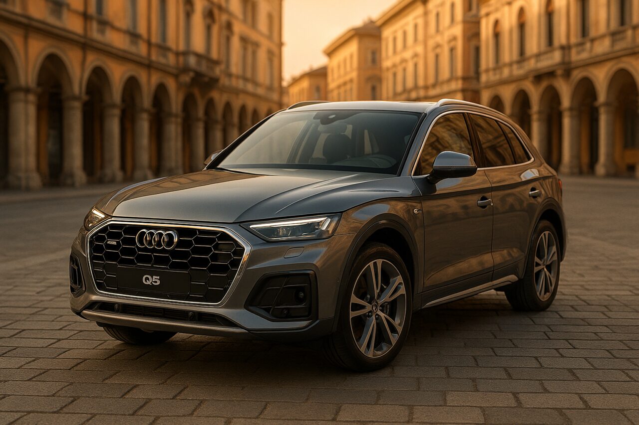 Audi Q5 Plug-in Hybrid parcheggiata in una città italiana, noleggio a lungo termine SUV ibrido plug-in usato