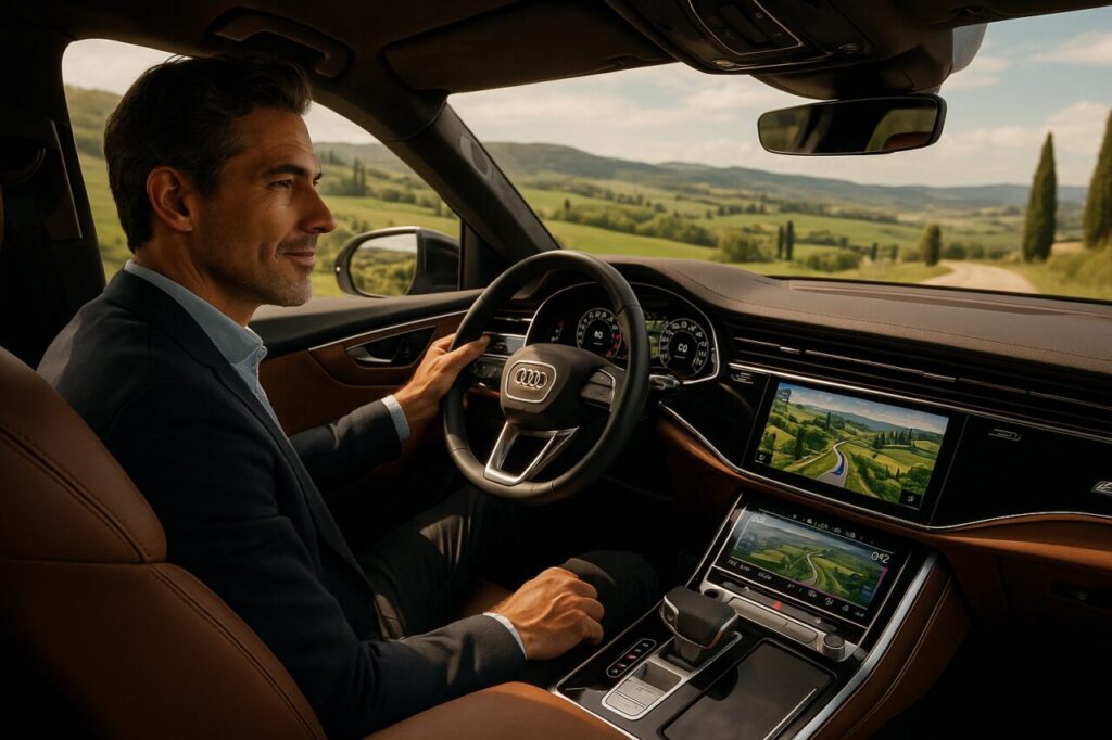 Interno Audi Q8 con sistema MMI Navigation Plus e virtual cockpit durante guida in Italia