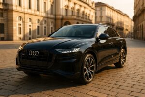Audi Q8 usata in noleggio a lungo termine su boulevard milanese al tramonto