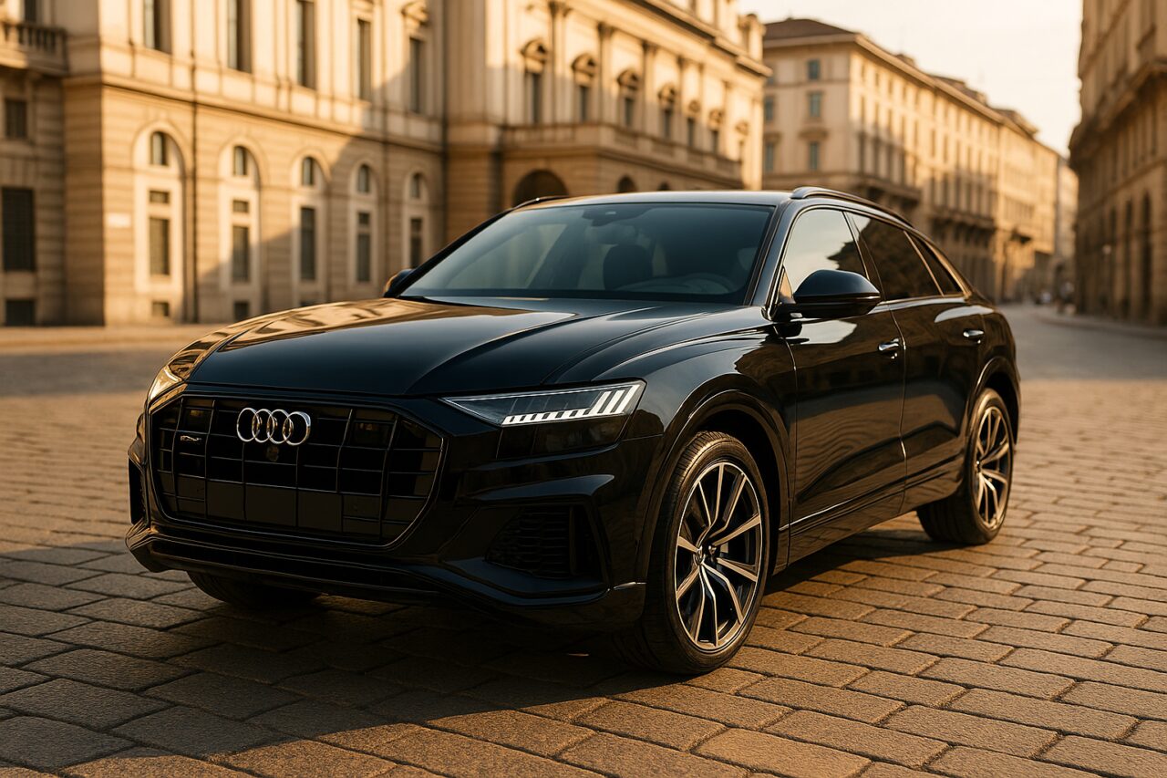 Audi Q8 usata in noleggio a lungo termine su boulevard milanese al tramonto