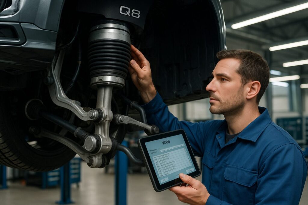 Meccanico controlla le sospensioni pneumatiche Luftfederung di un Audi Q8 in officina italiana con software VCDS