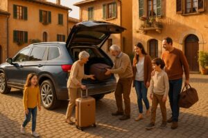 Famiglia italiana con auto 7 posti usata in noleggio a lungo termine su strada italiana
