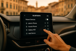 Sistema infotainment auto connessa con menu Bluetooth e dispositivi abbinati, privacy dati noleggio lungo termine