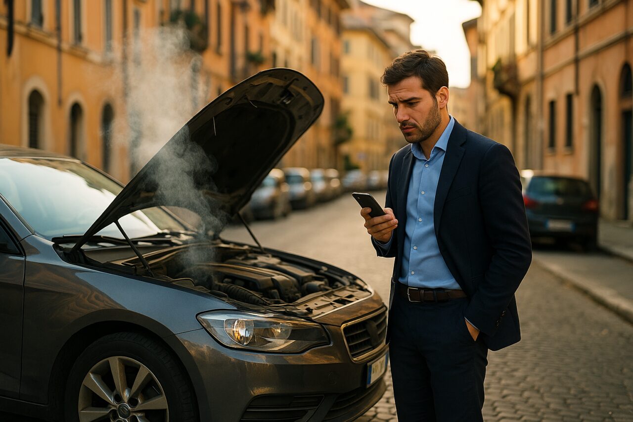 Uomo vicino ad auto in noleggio a lungo termine con odore di bruciato sul ciglio della strada italiana