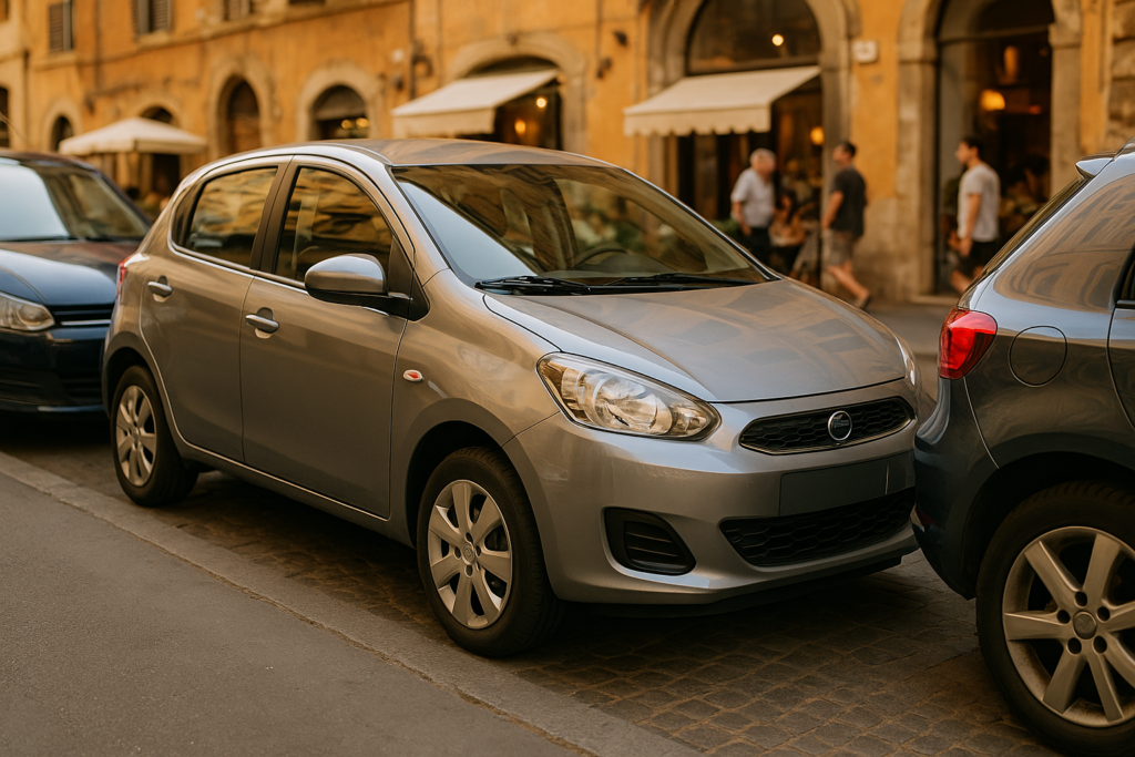 Auto piccola usata parcheggiata in spazio stretto in città italiana con NLT
