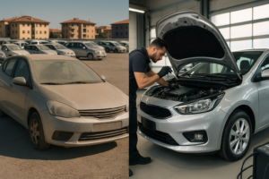Confronto tra auto Km 0 ferma in piazzale e auto usata ricondizionata in officina per noleggio a lungo termine