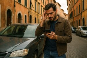 Uomo preoccupato accanto a auto noleggiata in città italiana, furto auto noleggio a lungo termine