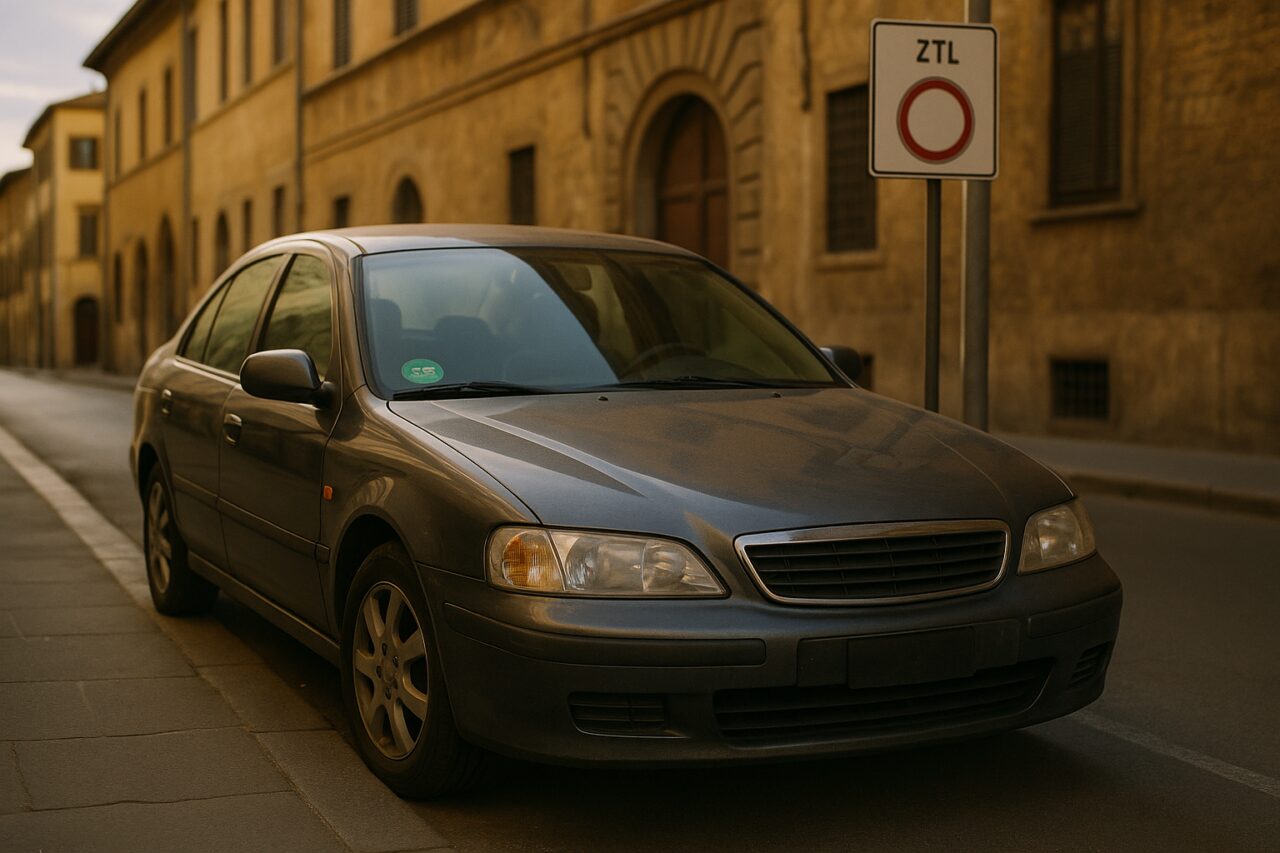 Auto usata con bollino ambientale B parcheggiata vicino a un cartello ZTL in una città italiana