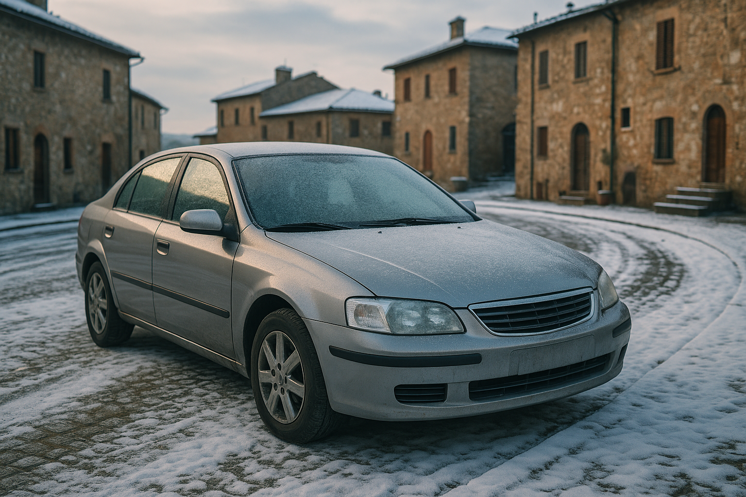 Auto usata parcheggiata su strada innevata in un borgo italiano in inverno, pronta per la stagione fredda con noleggio a lungo termine