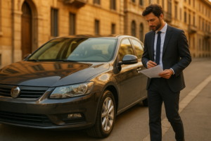 Professionista italiano che ispeziona un'auto usata ricondizionata per il noleggio a lungo termine
