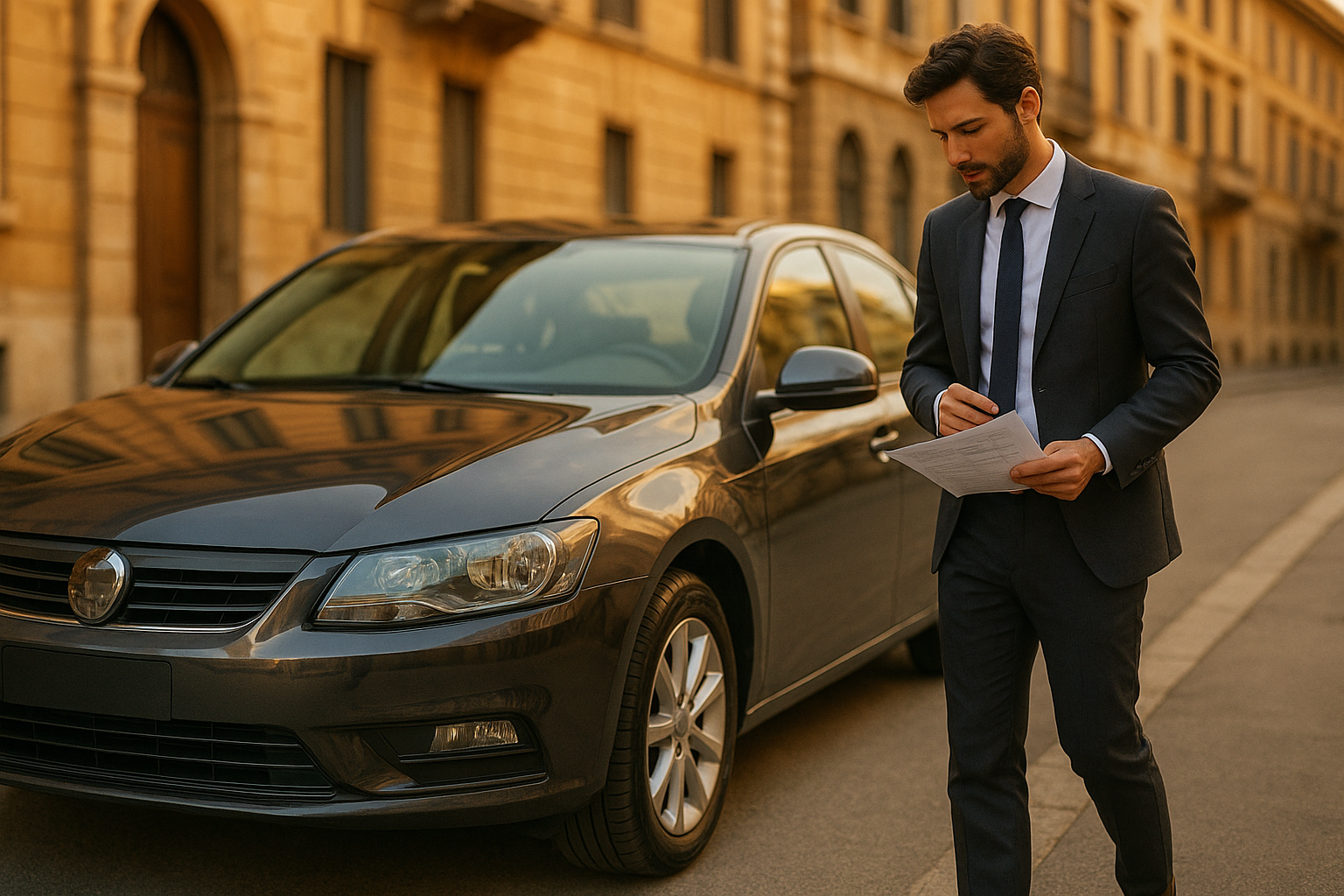 Professionista italiano che ispeziona un'auto usata ricondizionata per il noleggio a lungo termine