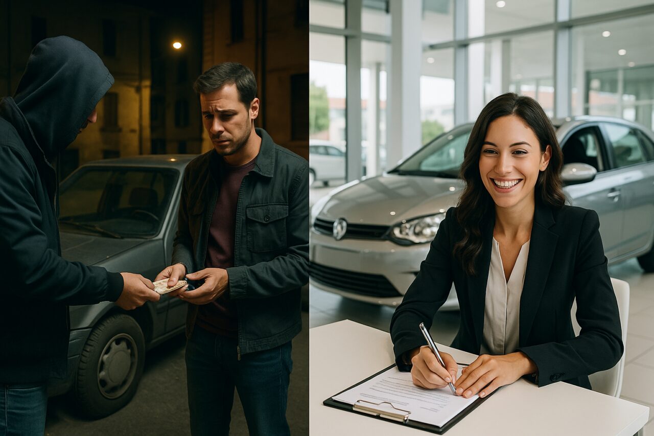 Confronto tra acquisto auto usata da privato con rischi di truffa e noleggio a lungo termine sicuro in Italia