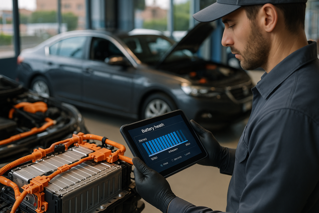 Meccanico controlla la batteria ibrida usata con diagnostica State of Health in officina italiana