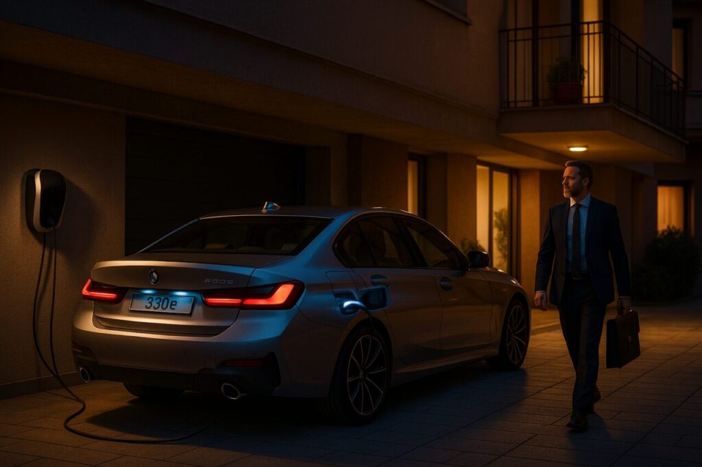 BMW 330e plug-in hybrid in ricarica notturna a Roma, noleggio lungo termine ibrida plug-in per professionisti italiani