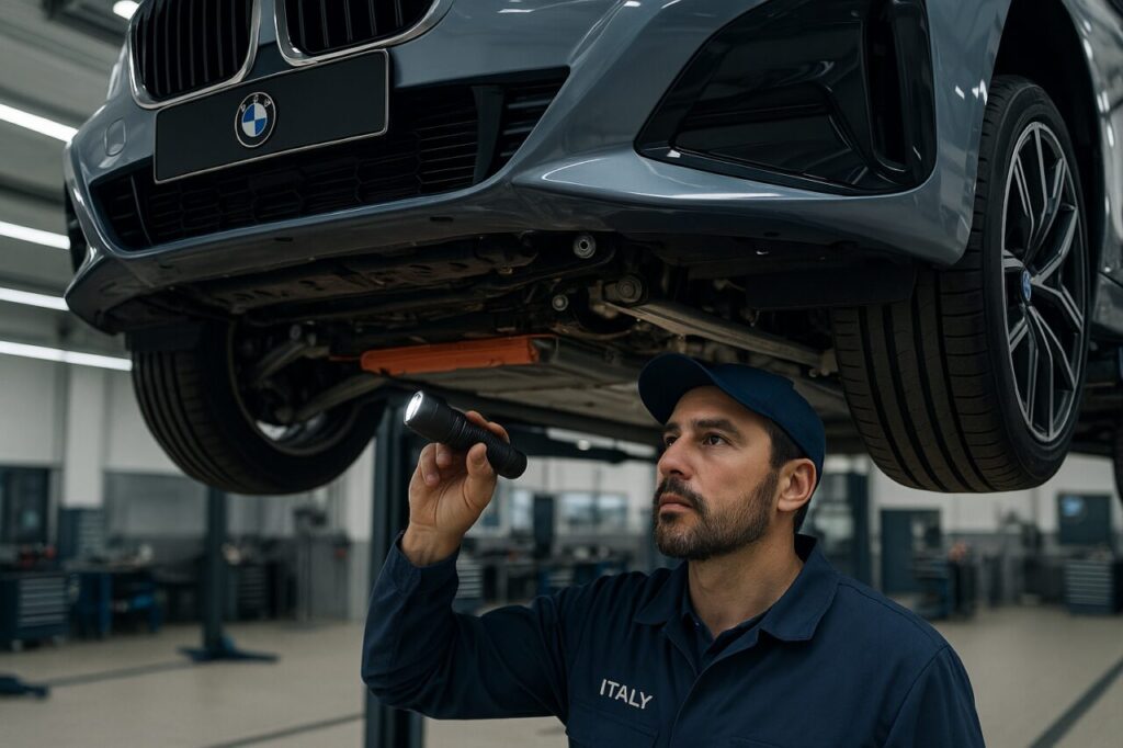 Meccanico specializzato controlla le sospensioni e il pacco batteria di una BMW i4 su ponte sollevatore in officina italiana