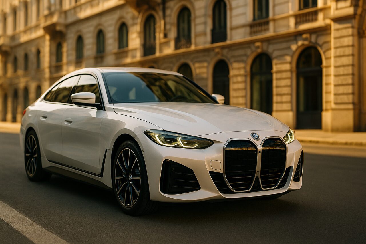 BMW i4 elettrica in noleggio a lungo termine su strada italiana a Milano
