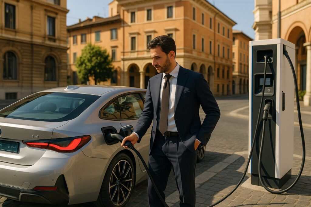 Professionista italiano ricarica la BMW i4 a una colonnina di ricarica rapida DC in città, noleggio lungo termine auto elettrica