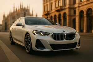 BMW i5 berlina elettrica in noleggio a lungo termine su strada milanese