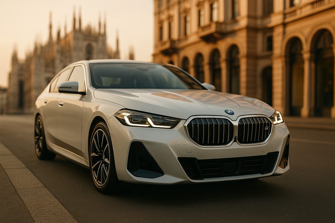 BMW i5 berlina elettrica in noleggio a lungo termine su strada milanese