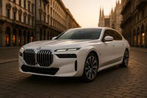 BMW i7 usata in noleggio a lungo termine su strada milanese, berlina elettrica di lusso km0