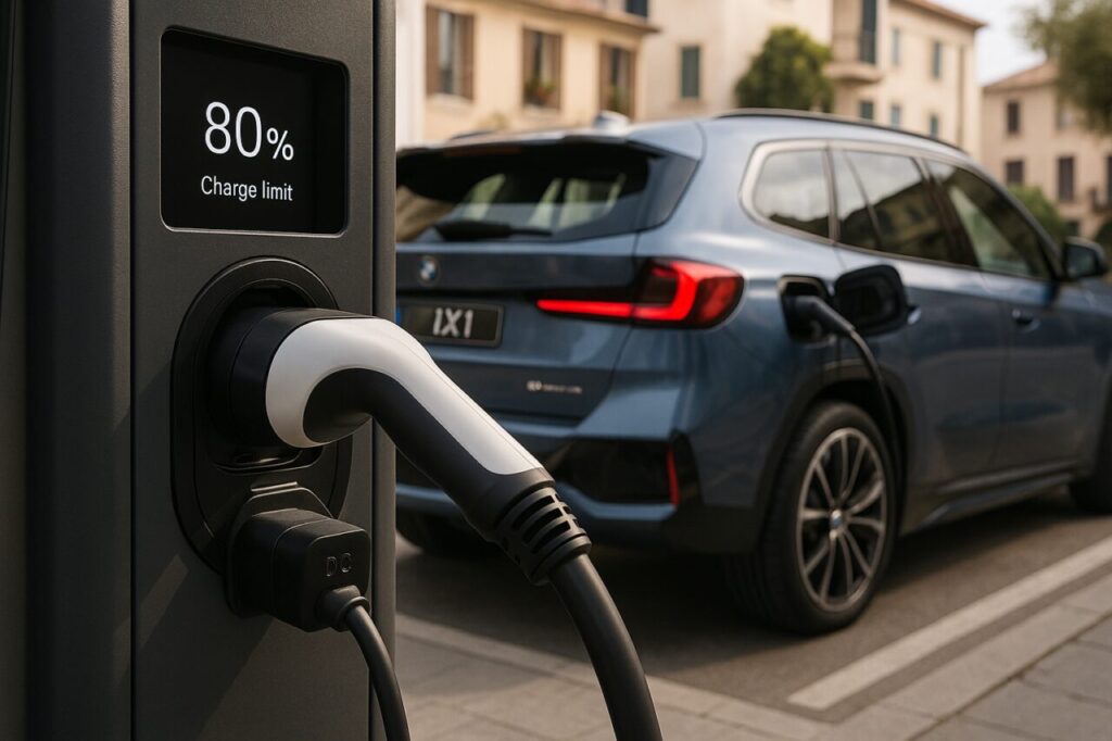 Ricarica BMW iX1 elettrica con limite all'80% presso una colonnina in Italia