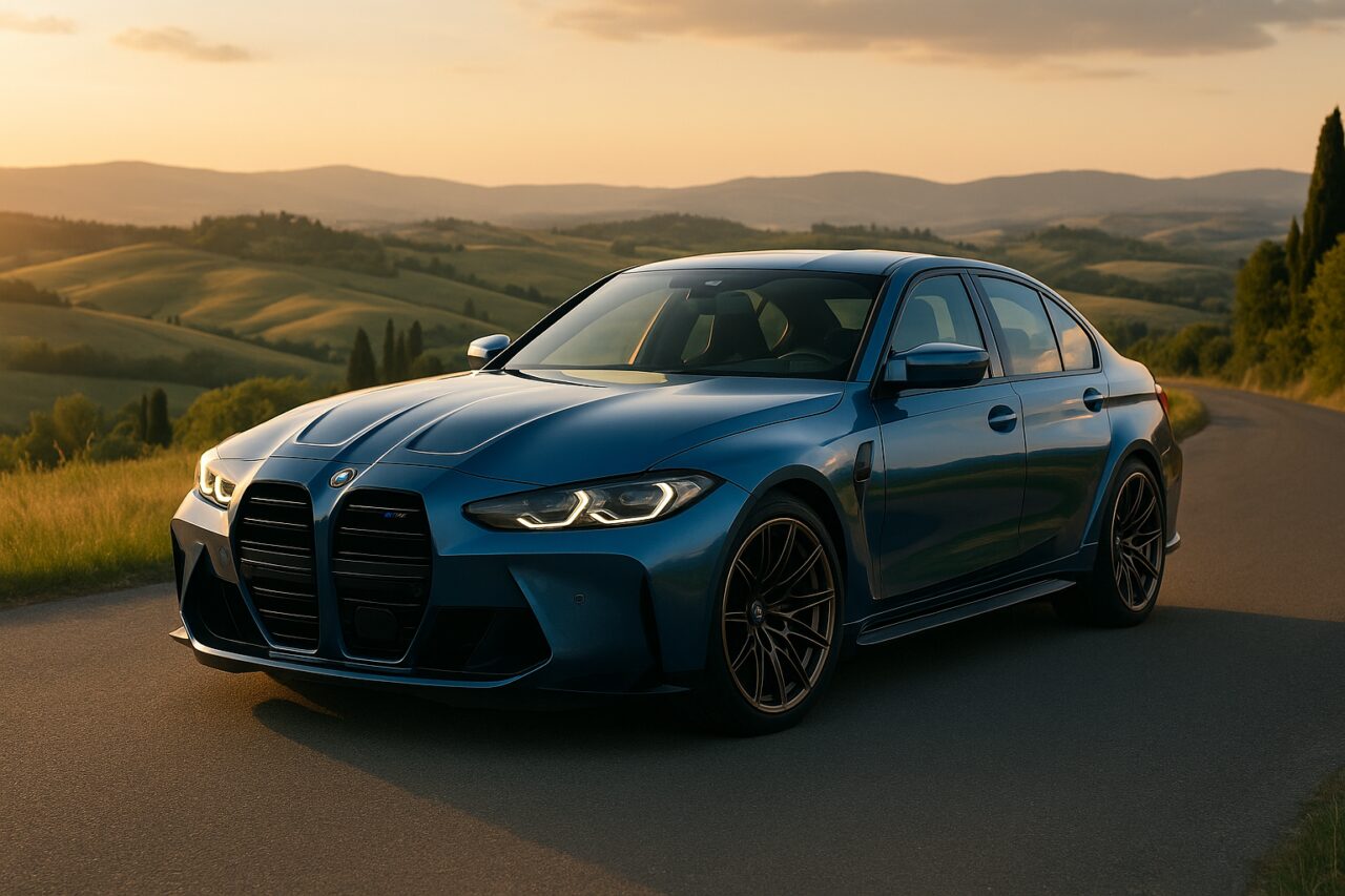 BMW M3 usata in noleggio a lungo termine su strada italiana con paesaggio toscano sullo sfondo