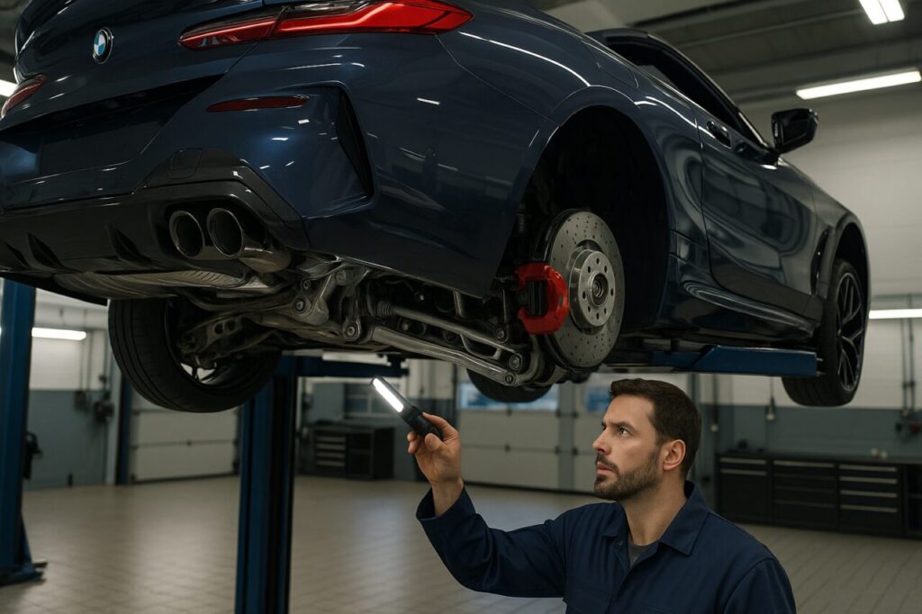 Ispezione tecnica sospensioni e silent block BMW M8 Cabrio su ponte sollevatore officina italiana