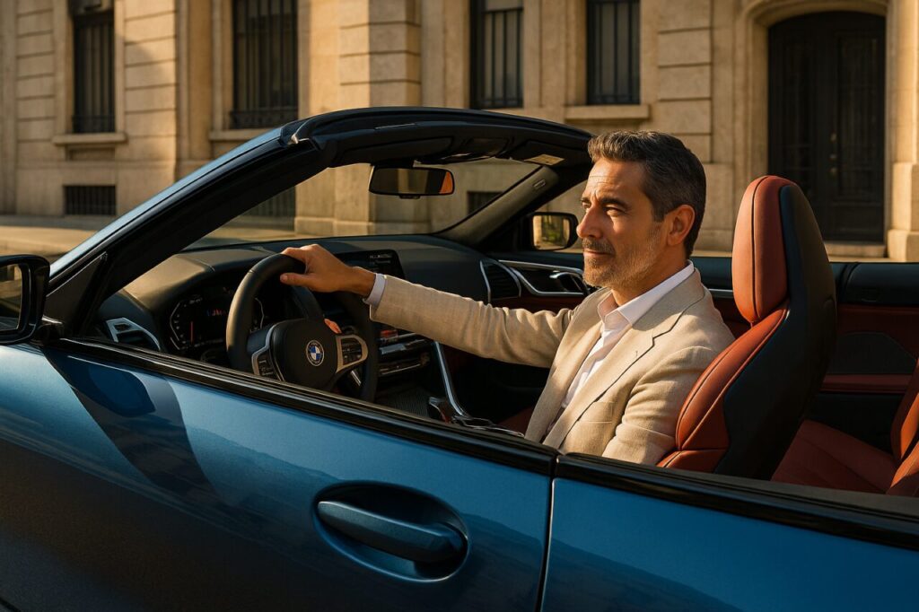 Professionista italiano a bordo BMW M8 Cabrio noleggio lungo termine km0 Milano