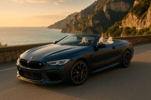 BMW M8 Competition Cabrio decapottabile in noleggio a lungo termine su strada costiera italiana