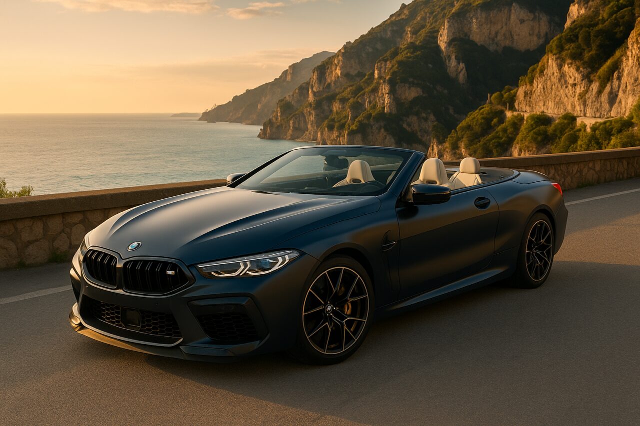 BMW M8 Competition Cabrio decapottabile in noleggio a lungo termine su strada costiera italiana