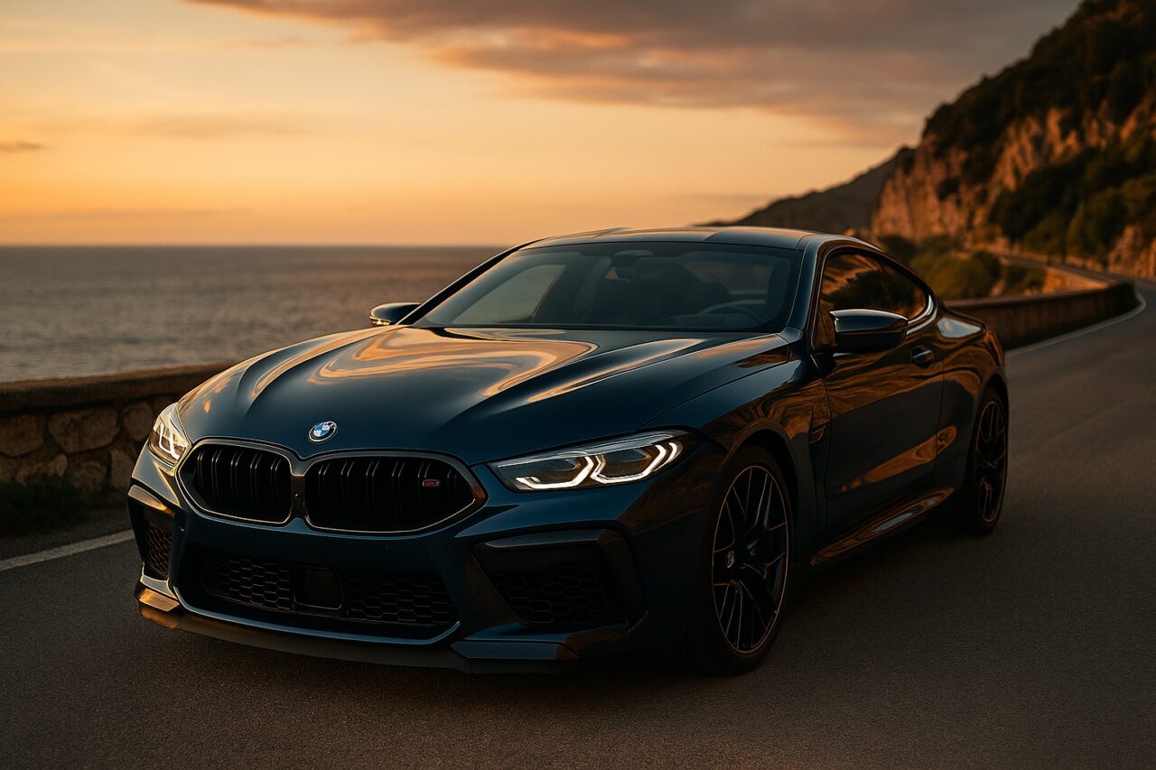 BMW M8 Competition usata in noleggio a lungo termine su strada costiera italiana al tramonto