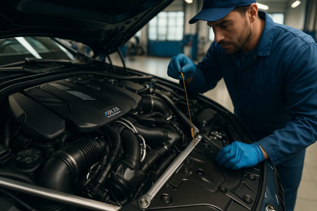 Meccanico controlla olio motore V8 biturbo BMW M8 Competition in officina italiana