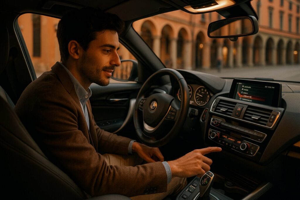 Professionista italiano a bordo di BMW Serie 1 usata con sistema iDrive in noleggio a lungo termine