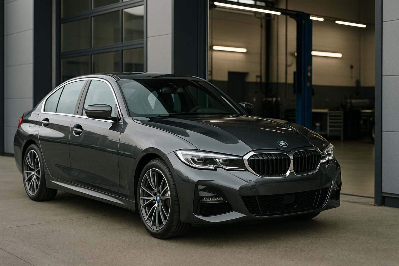 BMW Serie 3 usata in noleggio a lungo termine davanti a officina specializzata italiana