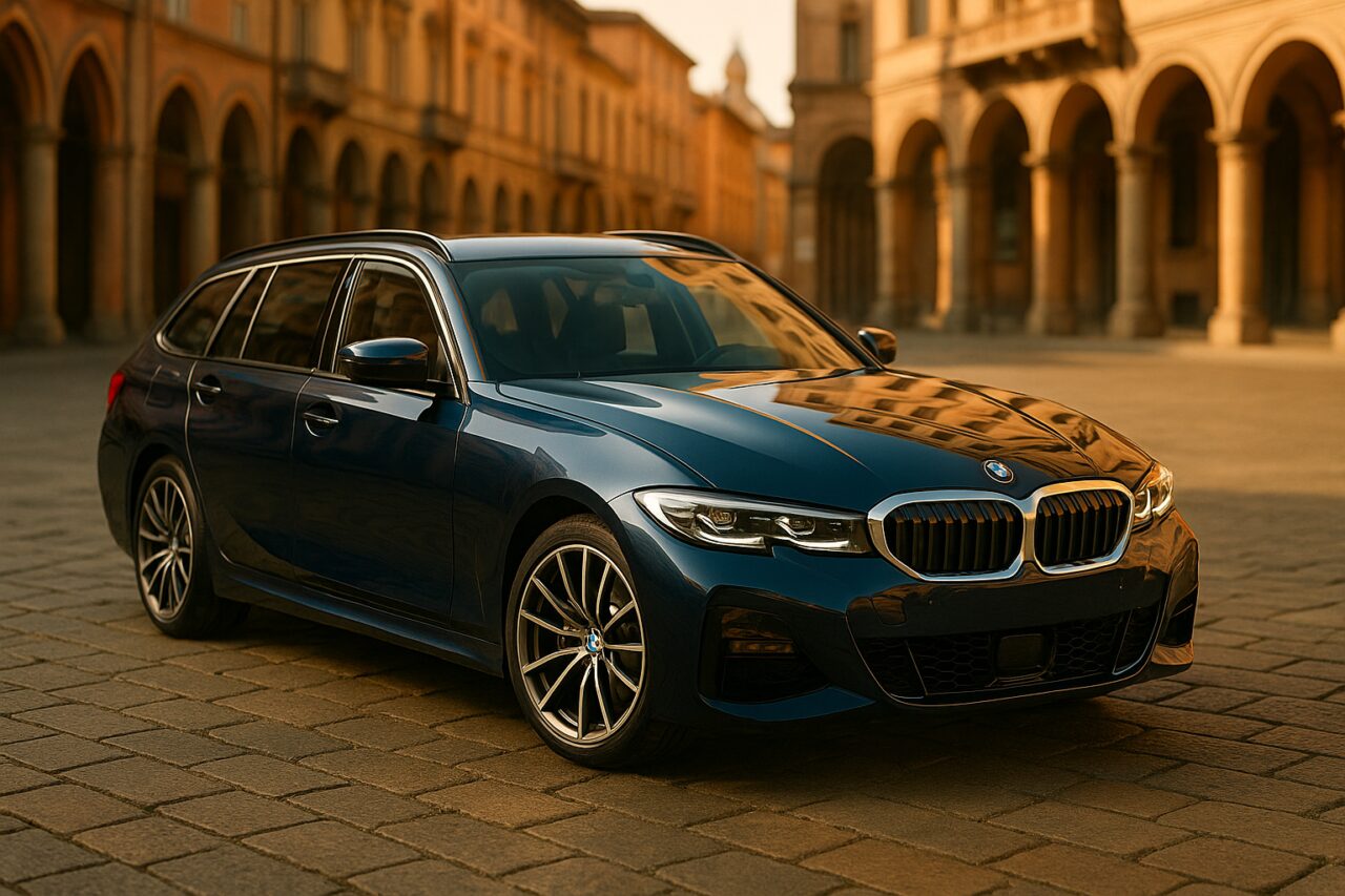 BMW Serie 3 Touring usata parcheggiata in una città italiana, noleggio a lungo termine km0